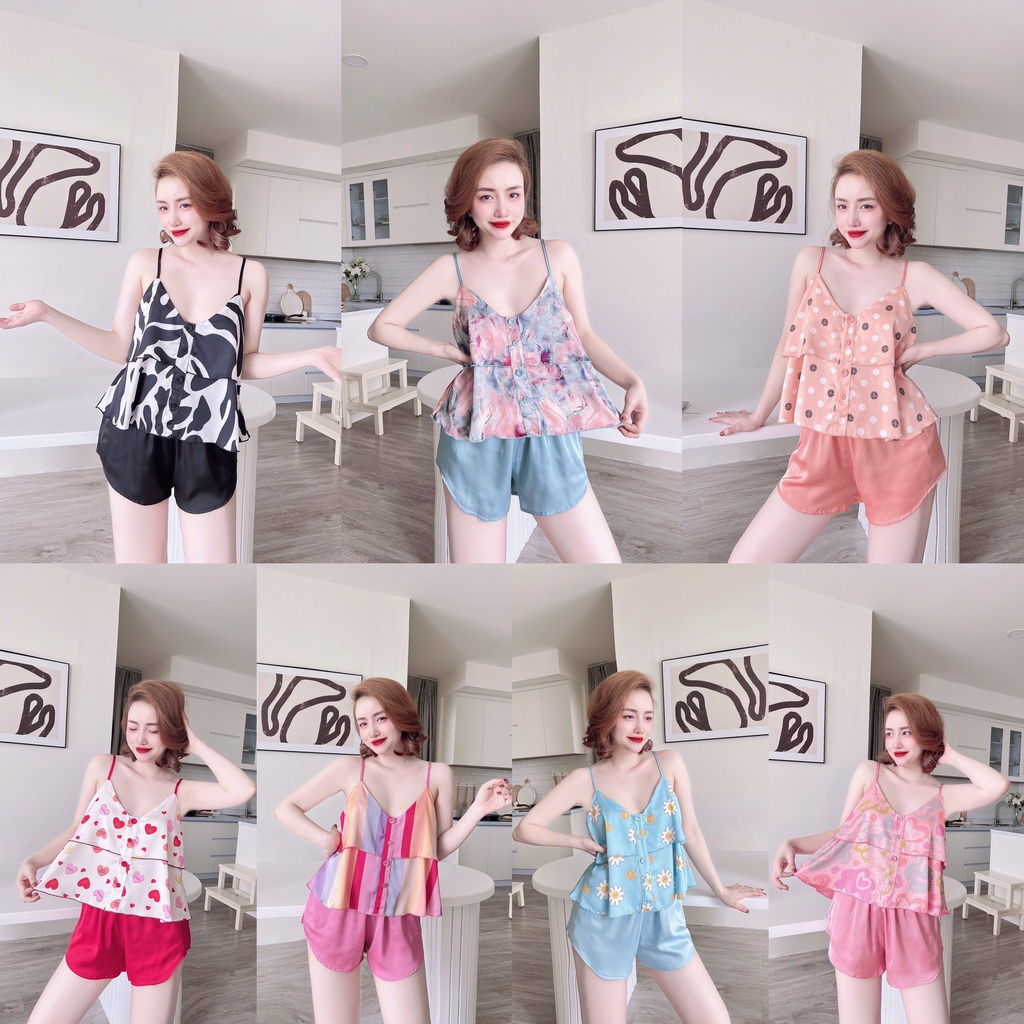 Đồ Bộ Mặc Nhà Nữ Quần Sort + Áo Tầng 2 Dây Lụa Latin_Ngân Boutique Đồ Ngủ Pijama