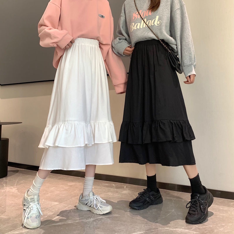 CV004 Chân váy xòe dài qua gối 2 tầng bèo Đầm midi nữ cáp chun đi biển đi chơi tiểu thư nữ tính bánh bèo công chúa