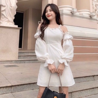 Đầm Dự Tiệc Trắng Cột Dây Trễ Vai
