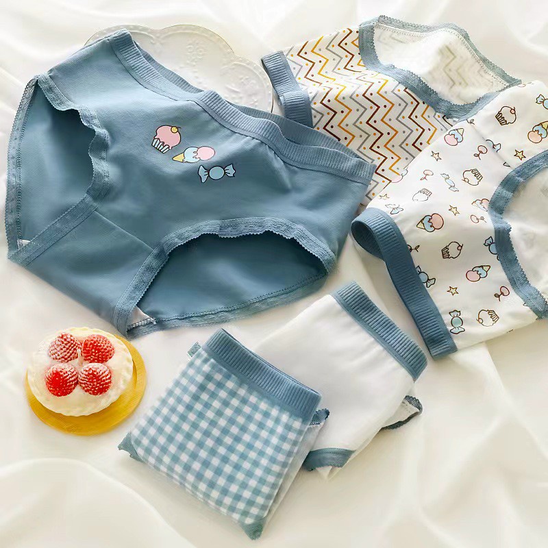 Quần Lót Nữ Cotton Xanh Họa Tiết Dễ Thương - Đáng Yêu Viền Ren Min Underwear 222115