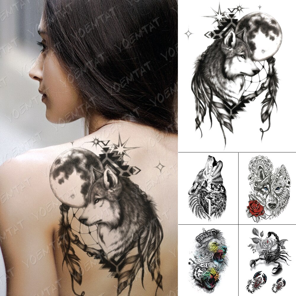 Hình xăm dán tạm thời hình sói/bò cạp/hoa hồng/mặt trăng chống thấm nước