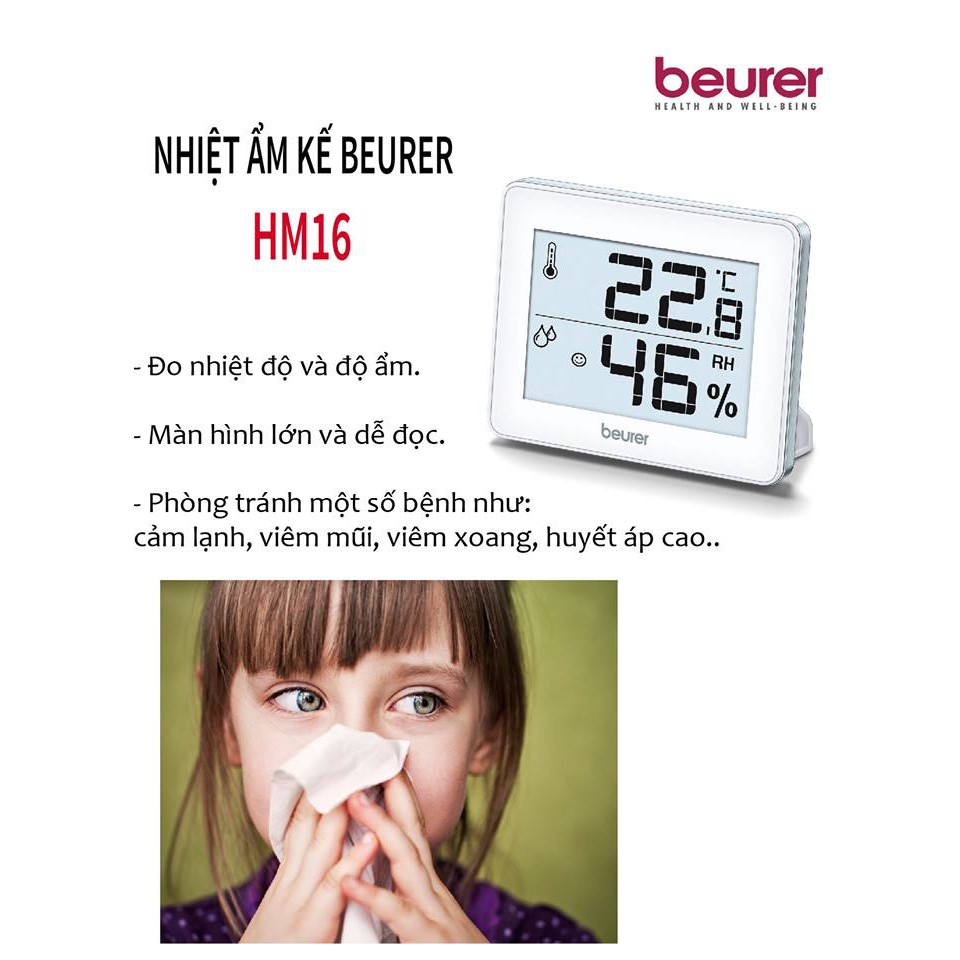 Nhiệt ẩm kế Beurer HM16 của Đức giúp bạn biết được chính xác Nhiệt độ, Độ ẩm để điều chỉnh về mức tối ưu BH 24 tháng