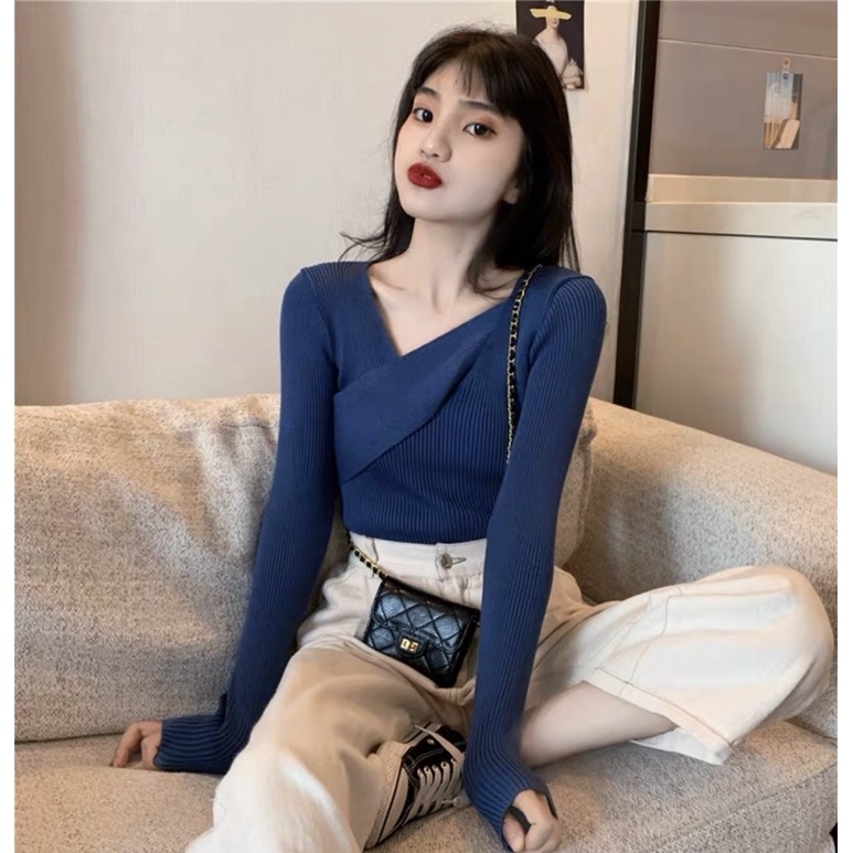 áo len tăm dệt kim cổ tim mix vạt chéo (9370#)