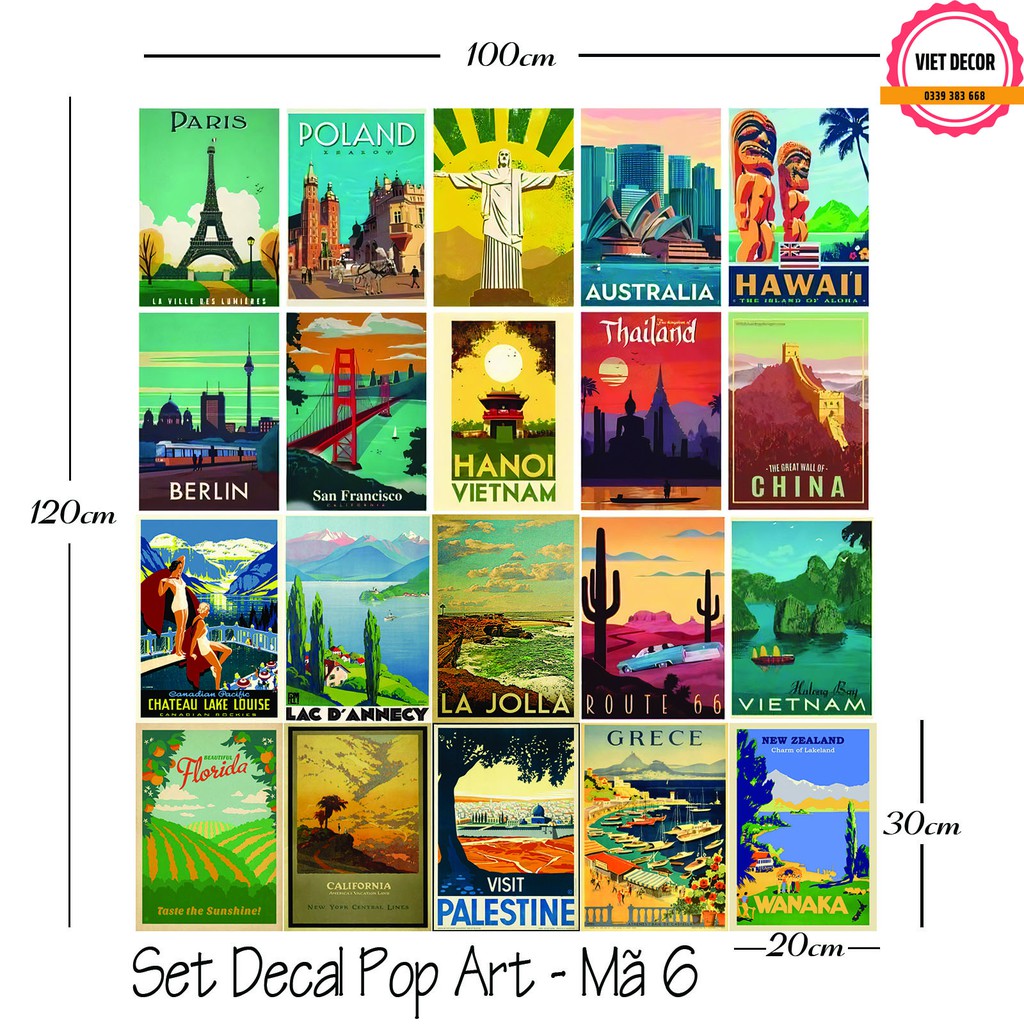 Decal Decor Vintage - Set 20 Tấm Decal Lanscape -  Poster Trang trí Tường, Nội thất - Viet Decor