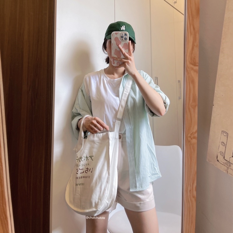 T285/ Túi vải tote Nhật Bản dễ thương Strawberry đi kèm dây đeo chéo