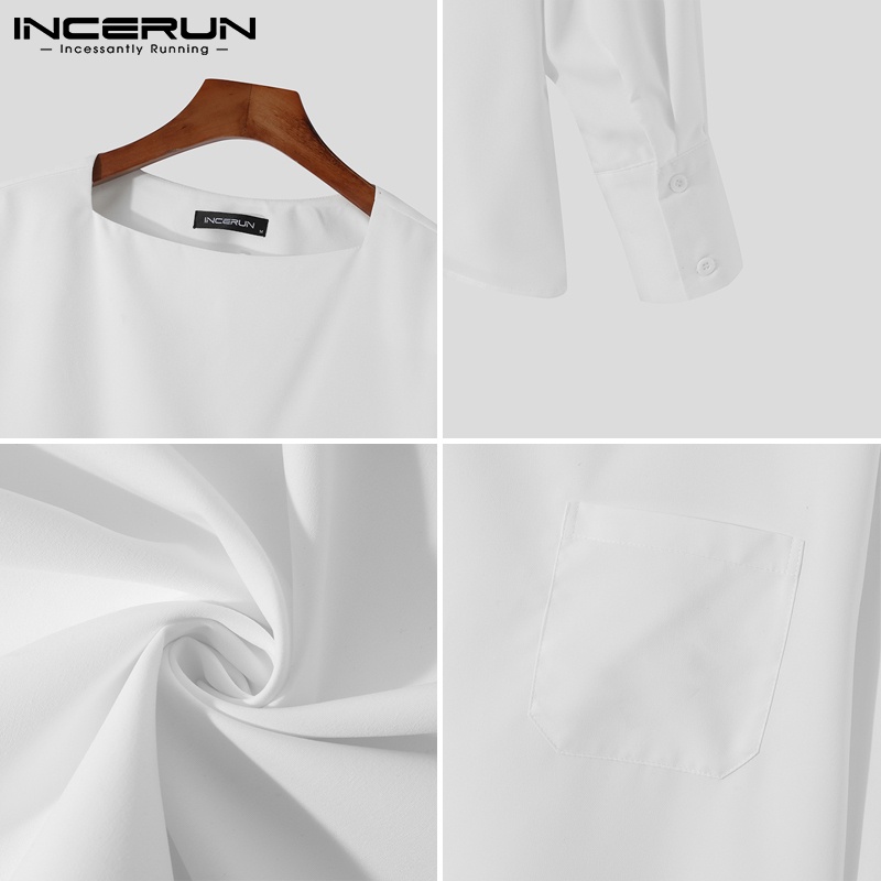Áo thun INCERUN tay dài cổ rộng màu trơn thời trang Hàn Quốc cho nam