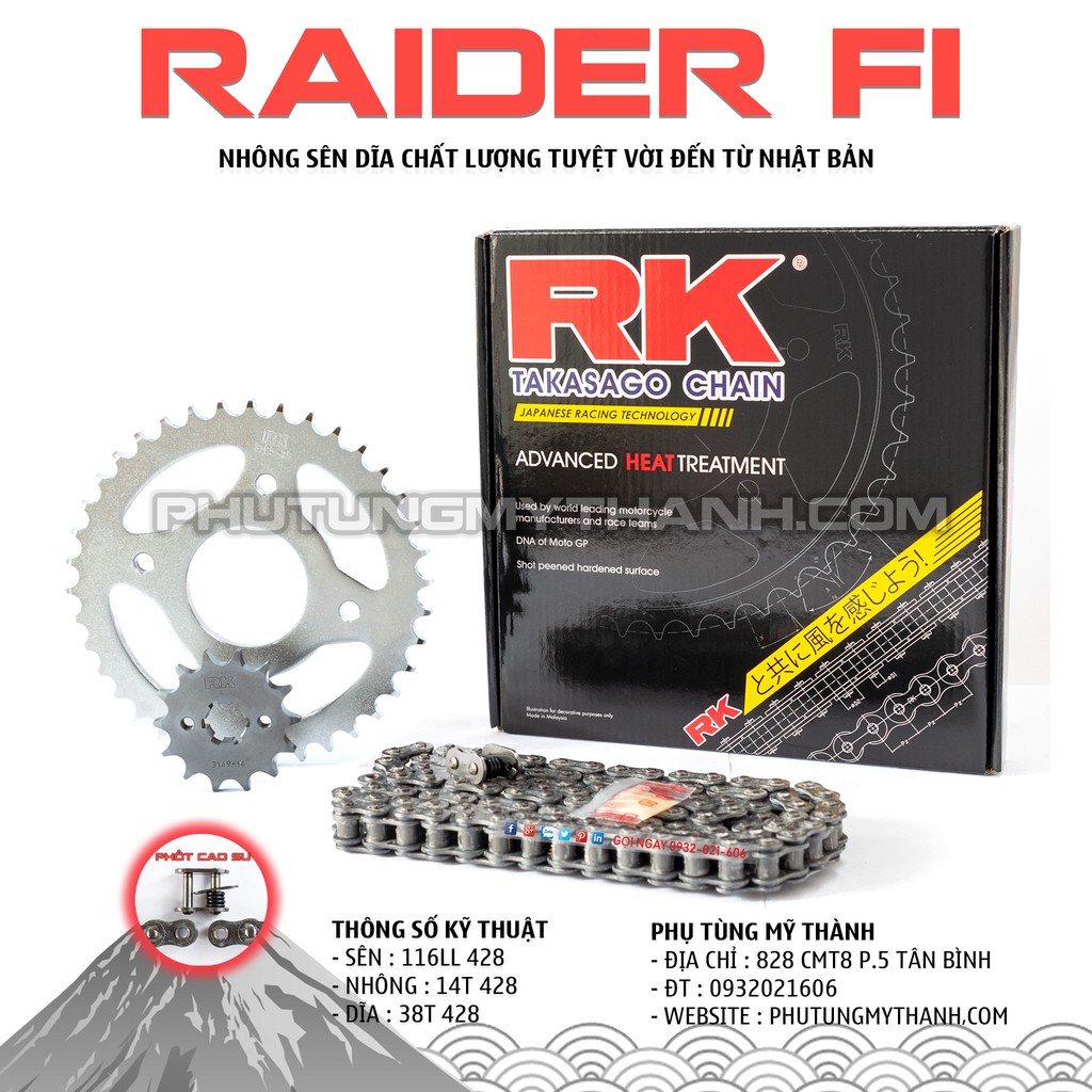 Nhông sên dĩa phốt cao su xe Raider FI 150cc thương hiệu RK Nhật Bản