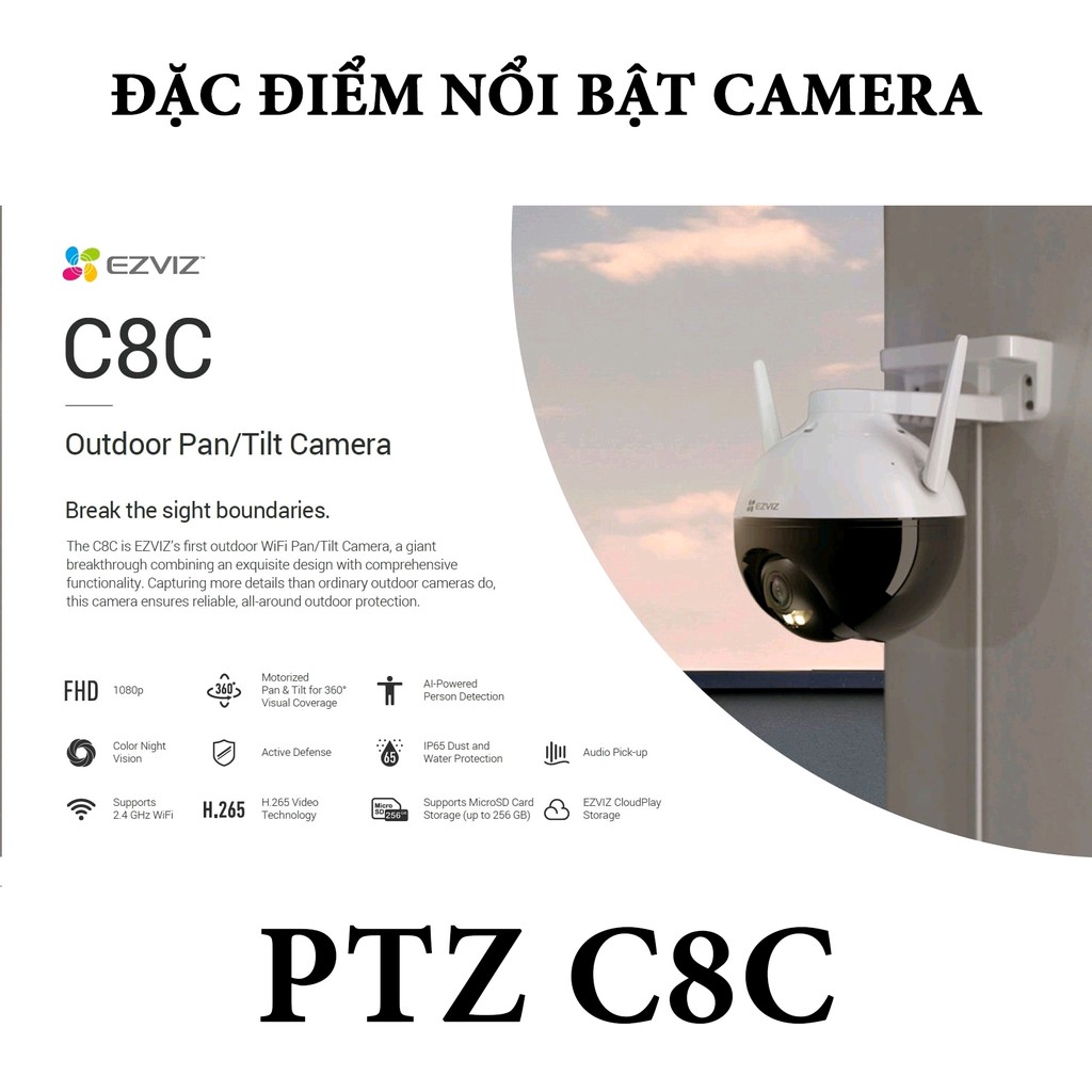 Camera Wifi ngoài trời Ezviz C8C Full HD 1080p |Camera giám sát góc rộng, xoay 360 độ Tích hợp AI, Có màu ban đêm