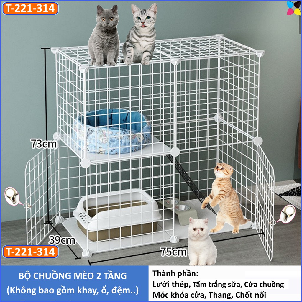 Chuồng mèo 2 tầng lắp ghép lưới thép rộng 2 ô lựa chọn thang và số cửa theo phân loại hàng