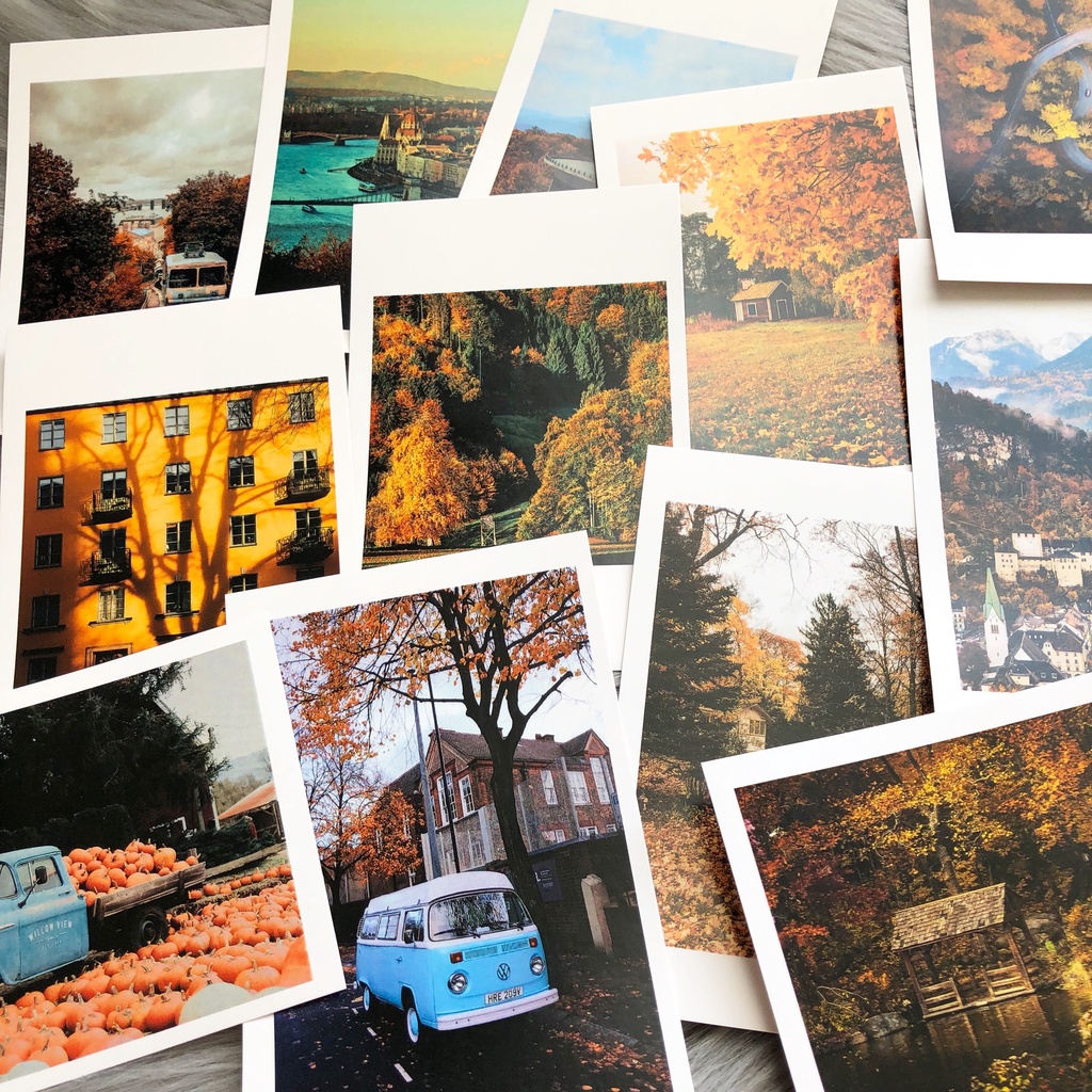 Postcard, Thiệp chúc mừng, Tranh trang trí BST mùa Thu  kèm bao thư Kraft