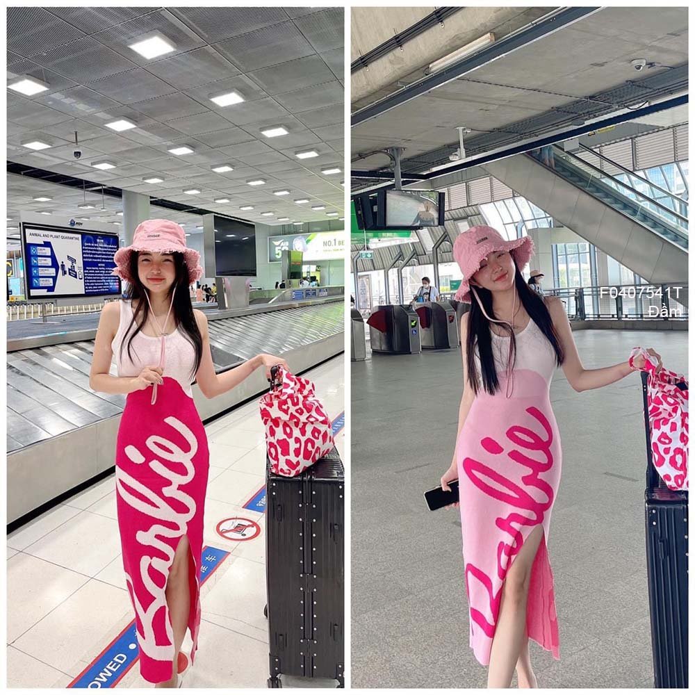Đầm ôm body len chữ barbie phối màu xẻ tà trước sát nách hàng QC!