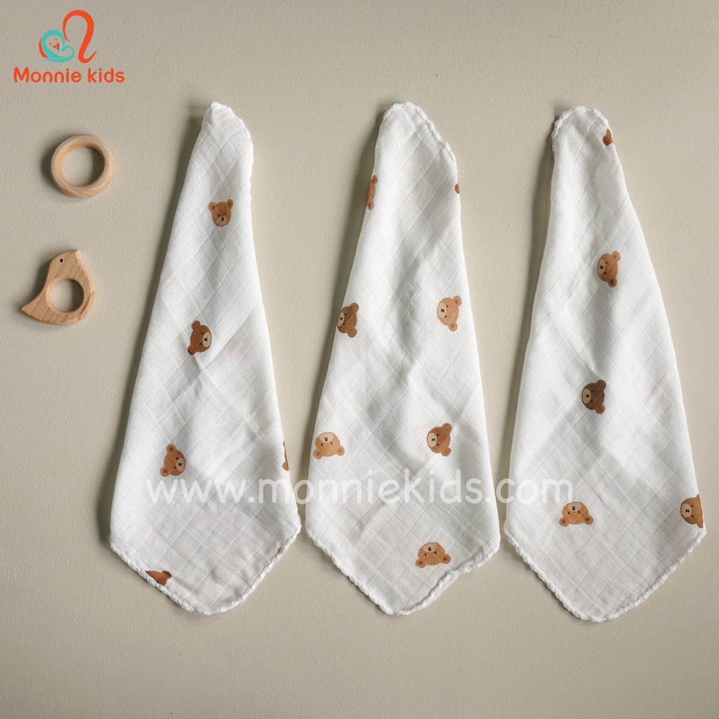 Set 6 khăn sữa sợi tre cho bé Mochee 30x30cm, khăn sữa gấu vải xô organic - Monnie Kids