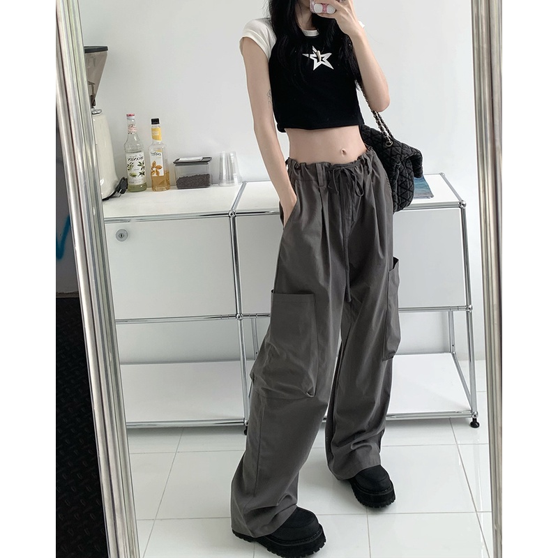 Quần Dài Lưng Cao Ống Rộng Phong Cách Retro Hàn Quốc Với 3 Màu Tùy Chọn