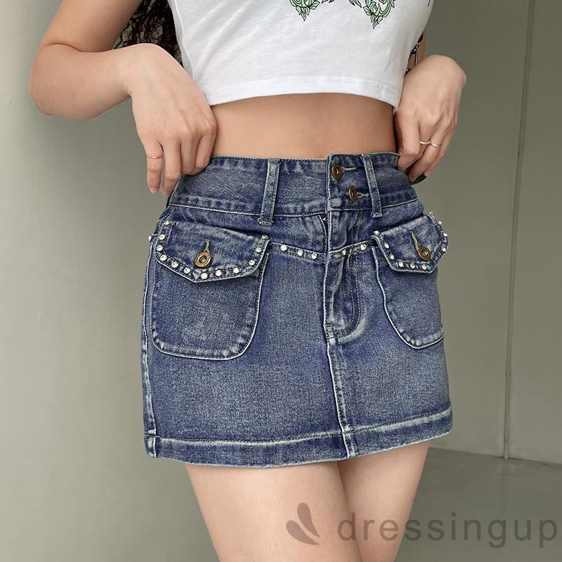 DRE-Women´s Mini Denim Skirts, Fashion Rhinestone High Waist Flap Pocket Short Jean Skirts