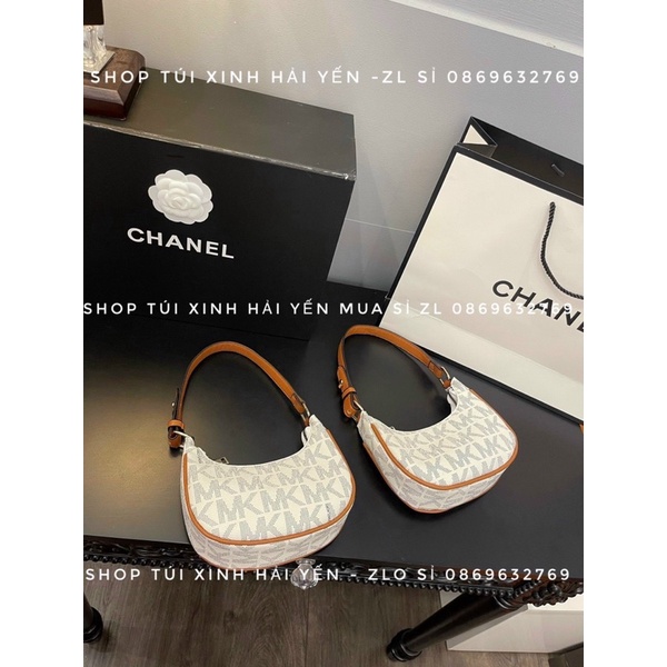 túi đeo vai, kẹp nách hoạ tiết mk trắng