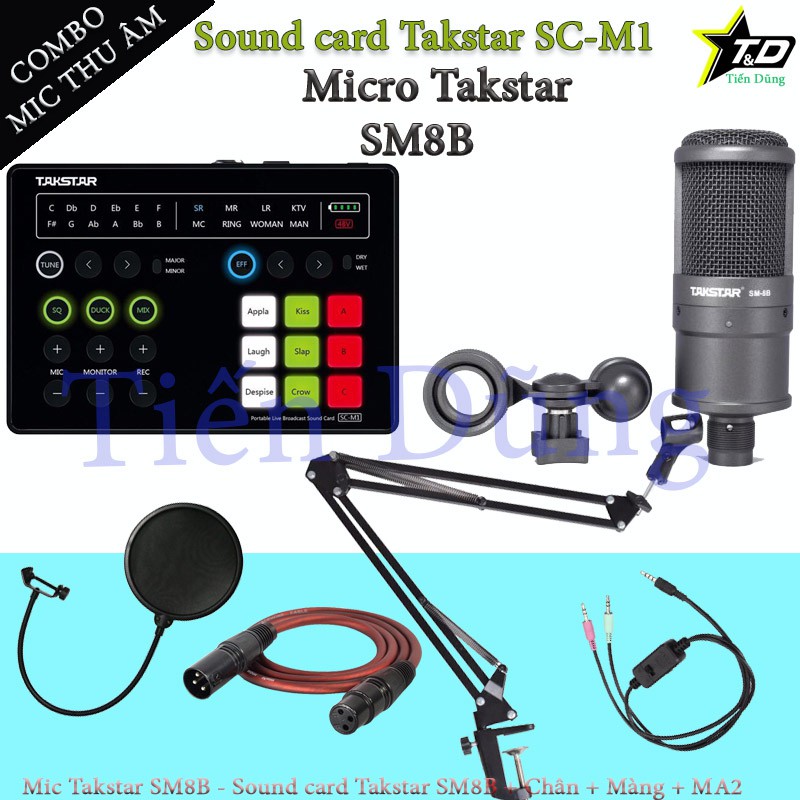 Combo Mic thu âm Takstar SM8B sound card SC M1 có autu tune tích hợp pin đi chân màng dây livestream MA2