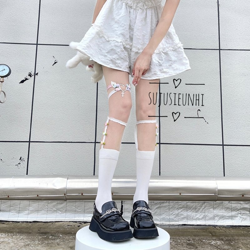 2 mẫu kẹp tất, vớ/garter+ vòng choker đeo đùi đính cánh thiên thần, hoa hồng và chữ thập lolita dễ thương