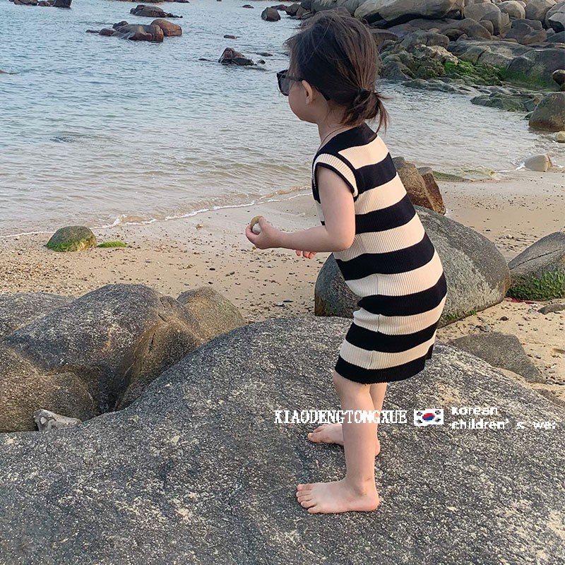 Đầm Sát Nách Kẻ Sọc Dáng Ôm Màu Đen Phong Cách Phương Tây Thời Trang Mùa Hè Cho Bé Gái