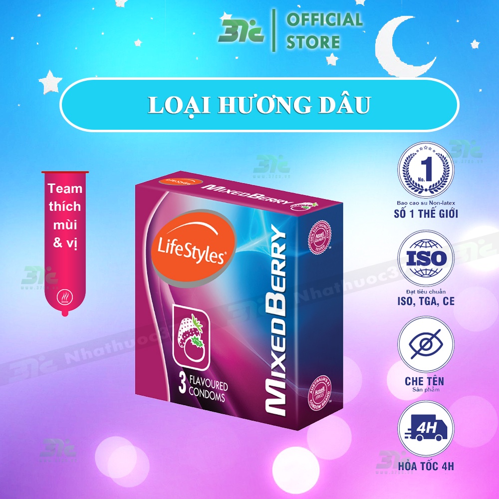 LifeStyles Mixed Berry - Bao cao su Hương dâu 3 mùi cao cấp, hộp 3 bao