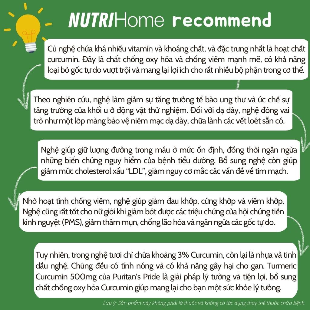Viên uống tinh chất nghệ Turmeric Curcumin 500mg Puritan’s Pride tốt cho dạ dày, đẹp da (Nutri Home)(90 viên)