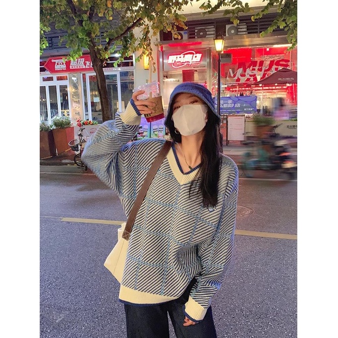 Áo sweater dệt kim cổ chữ V dáng rộng màu tím/ màu xanh da trời thời trang dành cho nữ