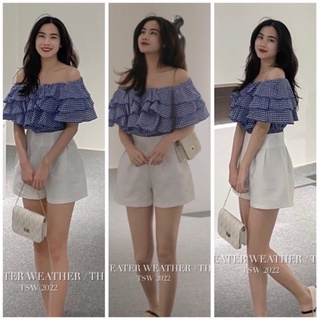 Set trễ vai kẻ kèm quần short trắng nữ 🌸 bộ đồ áo trễ vai caro kèm quần sooc trắng hot🌸