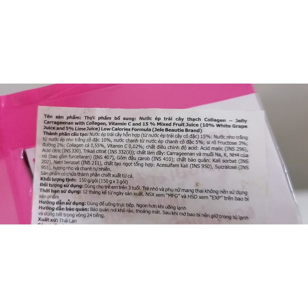 [150g x 3 túi] [Hồng] Nước ép trái cây thạch hương dâu [Thailand] JELE BEAUTIE Jelly Fruit Juice (halal) (bph-hk)