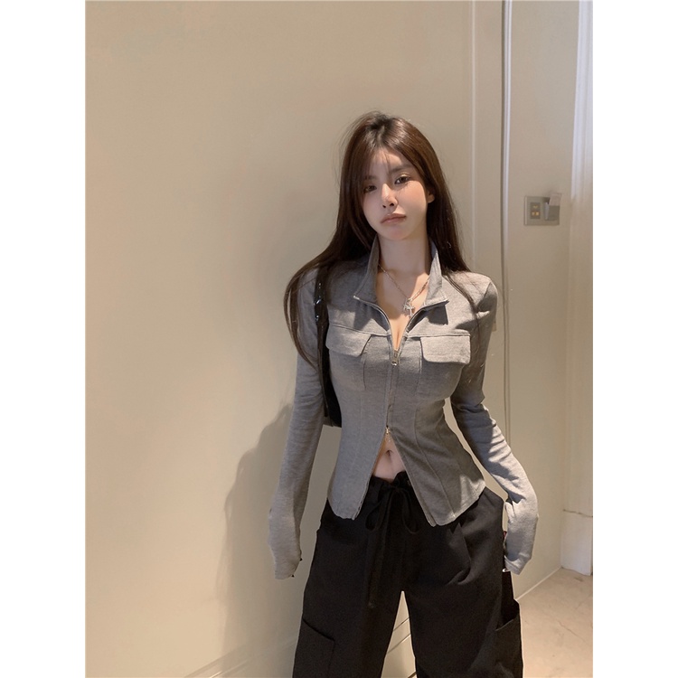 Kumikumi HUANG YOYO Áo croptop 2023 Áo Croptop Tay Dài Khóa Kéo Đôi Màu Trơn Thời Trang Hàn Quốc Dành Cho Nữ