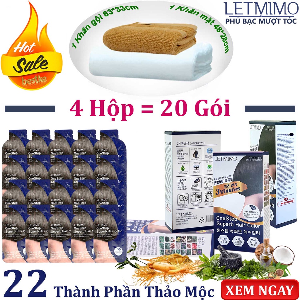 Bộ 4 Hộp = 20 gói thuốc nhuộm tóc LETMIMO màu Nâu Đen_2N + QUÀ TẶNG 1 khăn gội & 1 khăn mặt bestke 83*33 + 48*28cm