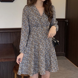 Váy nữ Đầm Midi Dáng Chữ A Ôm Eo Tay Dài Cổ Chữ V In Hoa Kiểu Retro Pháp Cho Nữ