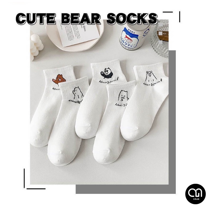 Tất Vớ Cổ Ngắn Nữ Tone Trắng Họa Tiết Gấu Thời Trang Unisex Hàn Quốc Xinh Vải Cotton