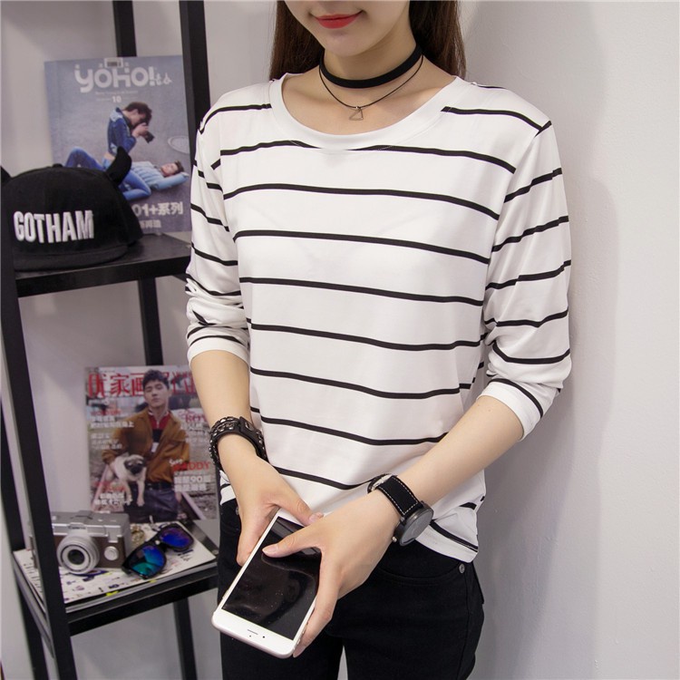 New black and white striped long-sleeved t-shirt loose T-shirt