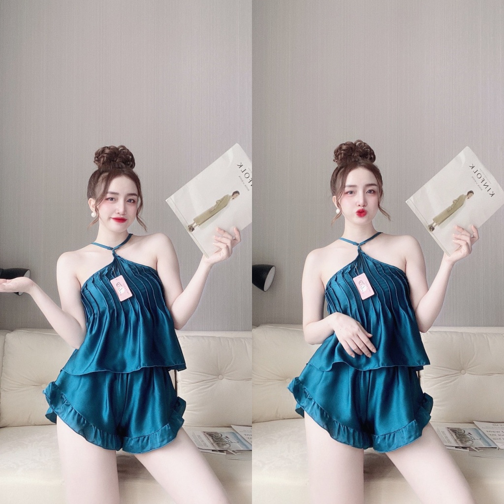 Đồ Ngủ Sexy, Đồ Ngủ 2 Dây Cổ Yếm Xếp Ly Lụa Satin Mặc Mát Mềm Thoải Mái Freesize - Linqustore
