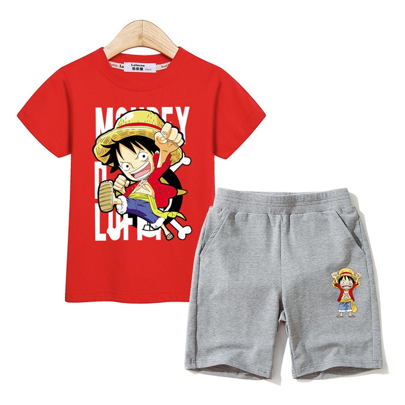 Bộ Trang Phục 2 Mảnh Gồm Áo Thun Cotton Và Quần Short In Hình Anime One Piece Thời Trang Dành Cho Bé Trai Gái