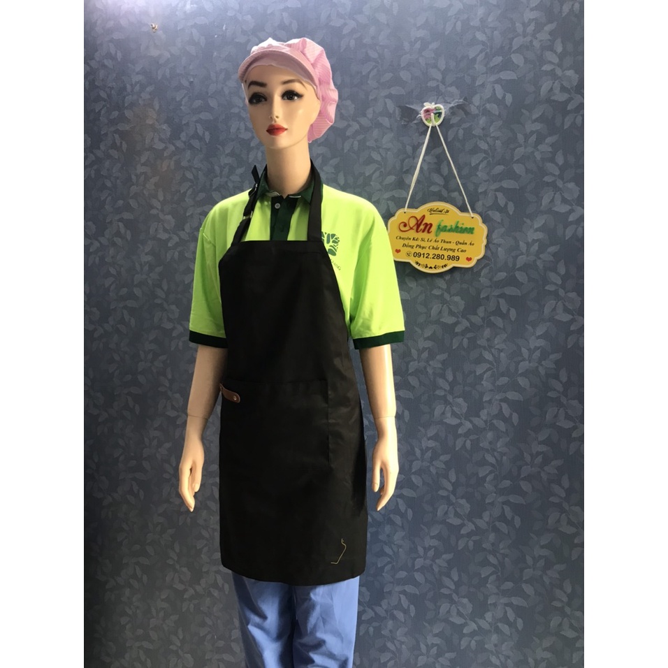 Tạp dề đẹp kaki phối Da màu Đen,Tạp dề pha chế Tạp dề cafe Tạp dề phục vụ,Gia Đình_Hình chụp thật