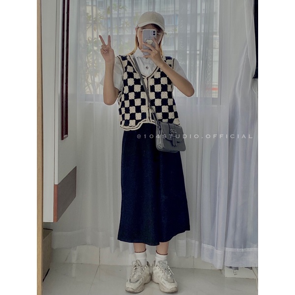 Gile ô bàn cờ Croptop dệt kim không tay hoạ tiết sọc caro phong cách retro Hàn Quốc