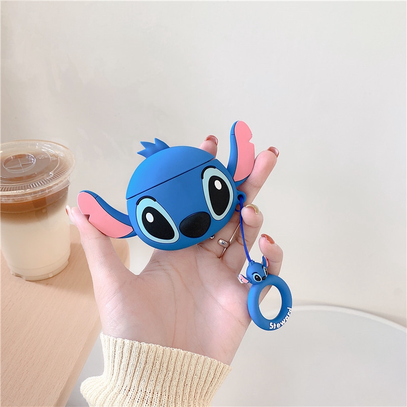 Lilyrose Store/ 3D Cartoon Cute Stitch Couple Lover AirPods 1/2 AirPods Pro Bluetooth Headset Anti-fall Silicone Soft Case Headset Protection Cover With Lanyard