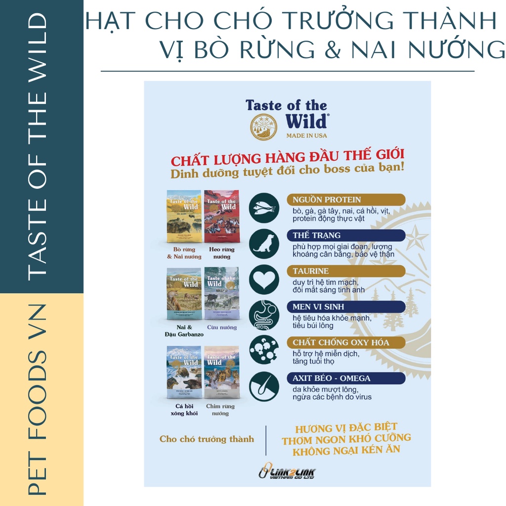 Hạt cho chó TASTE OF THE WILD High Prairie 12kg vị Bò Rừng &amp; Nai Nướng