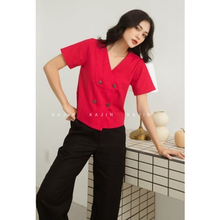 Áo linen cổ V nút gỗ đắp tà