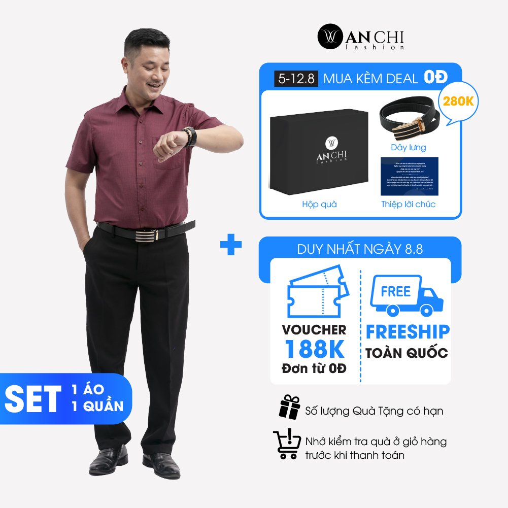 Combo Áo Sơ Mi Nam Sợi Tre Đỏ Đô Và Quần Âu Đen Trung Niên ANCHI Cao Cấp B4QAACW