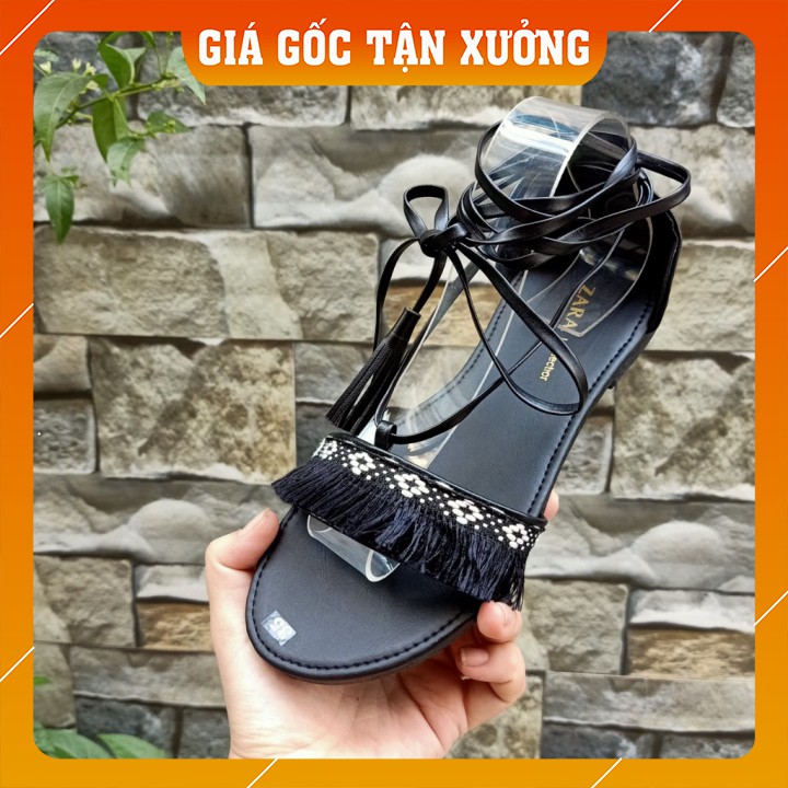 Giày sandal thổ cẩm buộc dây màu đen phong cách boho [CÓ SẴN]