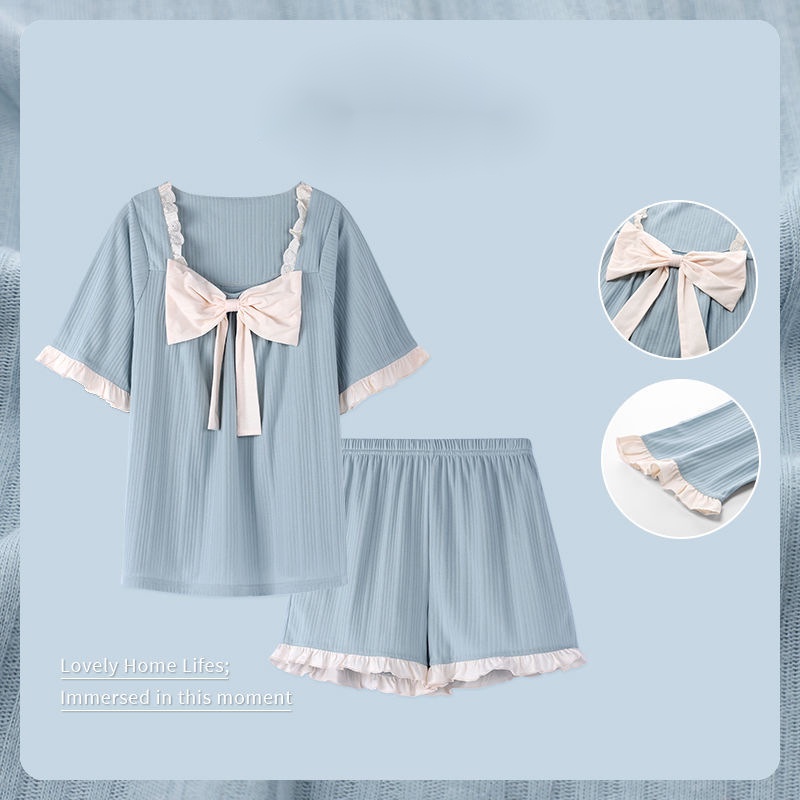 Bộ Đồ Ngủ Ngắn Tay Đính Nơ Ngọt Ngào Thời Trang Mùa Hè Cho Nữ