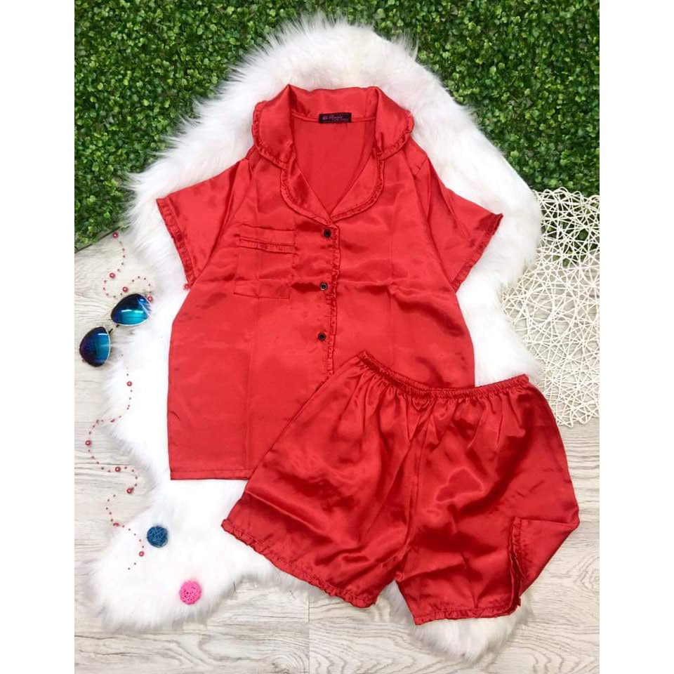 Bộ Lụa PIJAMA Bèo Nhún Tay Ngắn Quần Đùi.HÌNH THẬT 100%