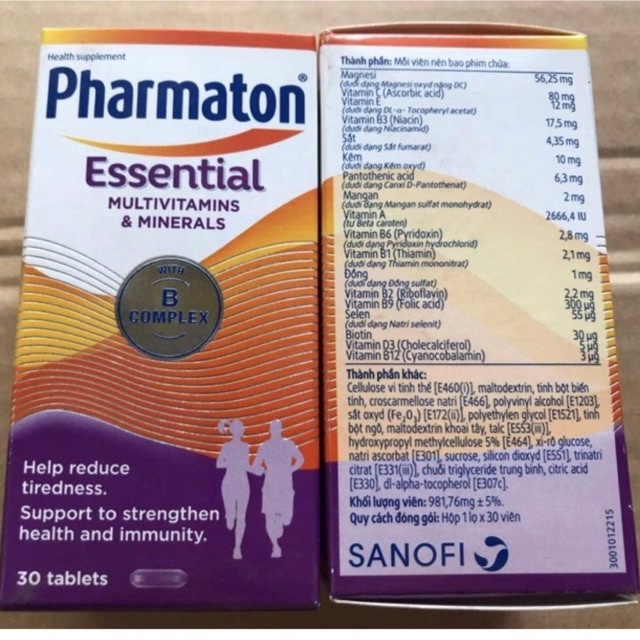 Pharmaton essential hỗn hợp vitamin B và khoáng chất hỗ trợ giảm mệt mỏi,giúp tăng cường sức khỏe, sức đề kháng (Ý Italy