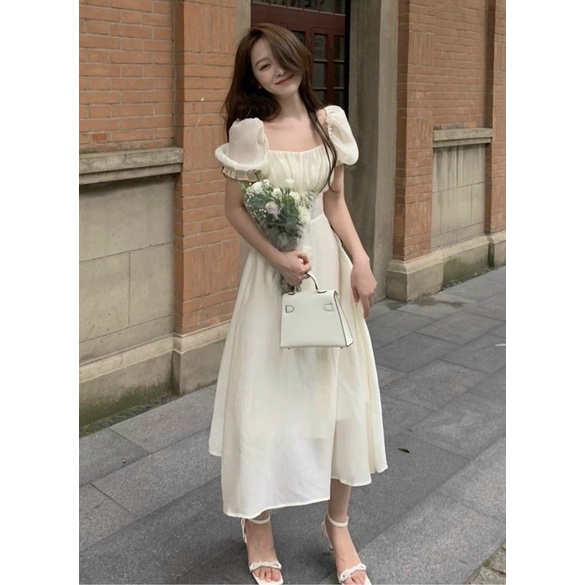 ĐẦM MIDI VOAN TƠ XẾP LY NGỰC NUDE XANH TAY PHỒNG CỔ VUÔNG BẸT VAI - GD233