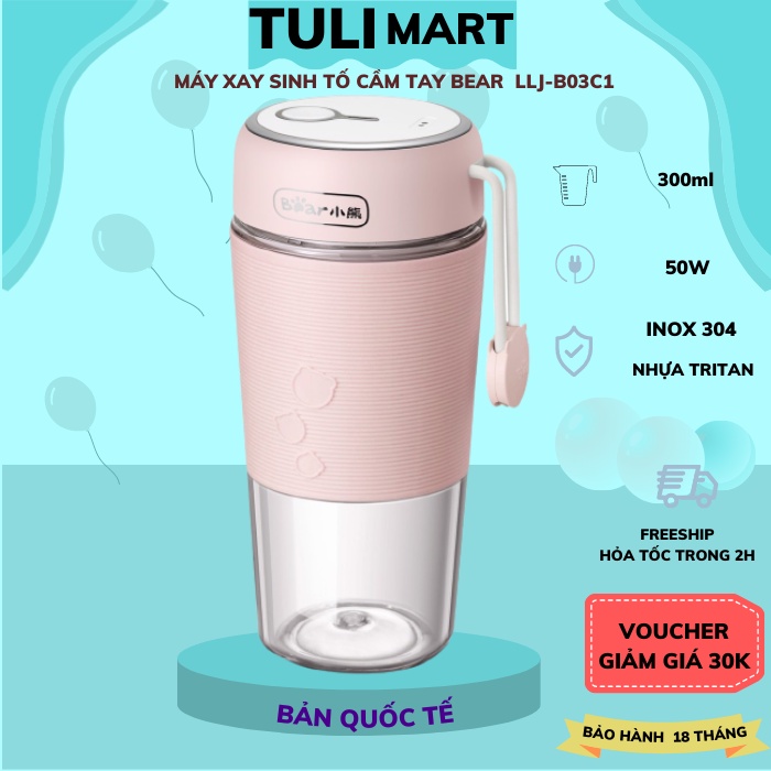 Máy Xay Sinh Tố Tích Điện Cầm Tay Mini Bear LLJ-B03C1, Xay ép Hoa Quả thực phẩm rau củ quả, dung tích 300ml, BH 18 th