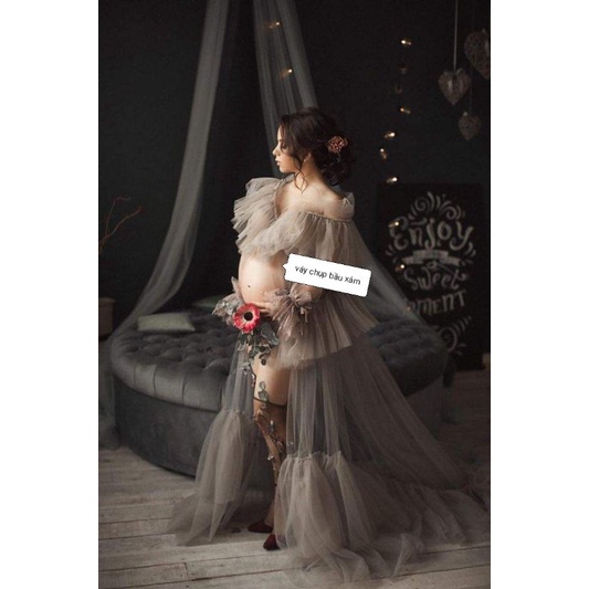 váy choàng bầu xám &amp; cặp tay nhún bèo