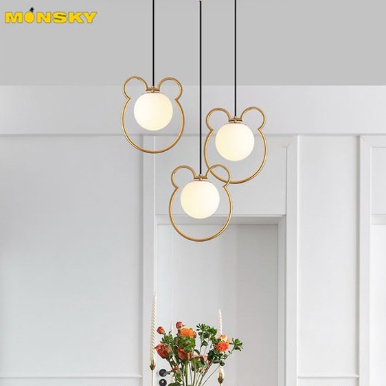Combo đèn thả MONSKY MINTOR chao thủy tinh địa cầu, khung mạ vàng hình gấu trúc độc đáo - kèm bóng LED chuyên dụng (80).