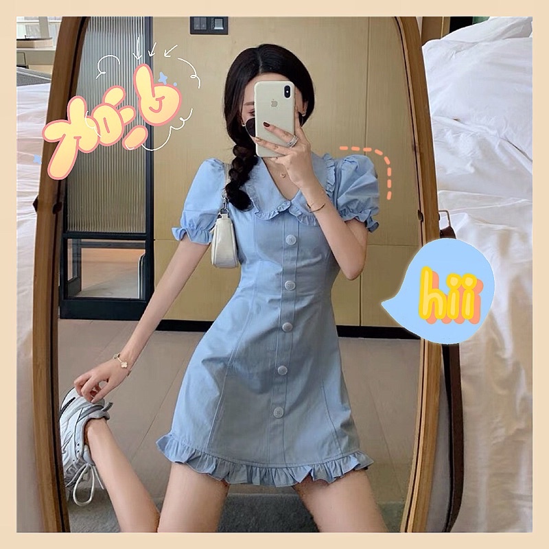 Váy nữ cổ sơmi bèo xanh dương dáng xoè chữ a ngắn tay kiểu cách gomtrend M05