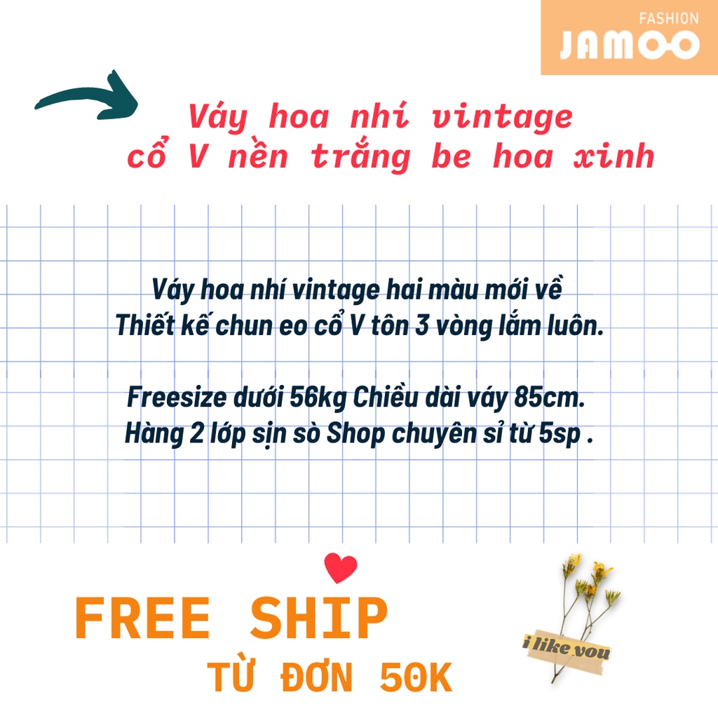 Váy hoa nhí vintage cổ V nền trắng be hoa xinh